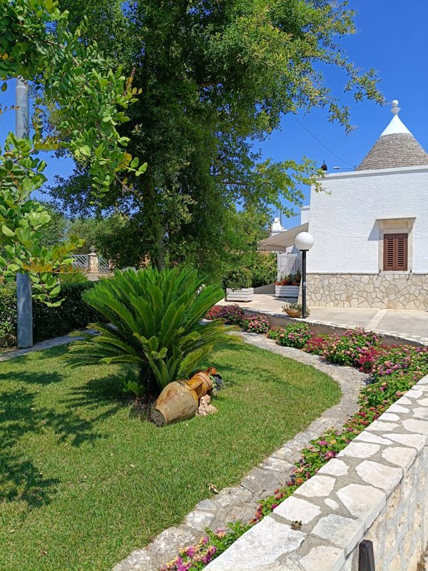 Vista del giardino fiorito con il cono del trullo sullo sfondo